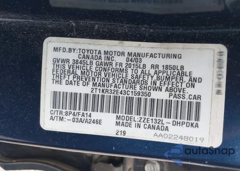 2003 Toyota Matrix Standard из США, поврежденный, VIN 2T1KR32E43C159350